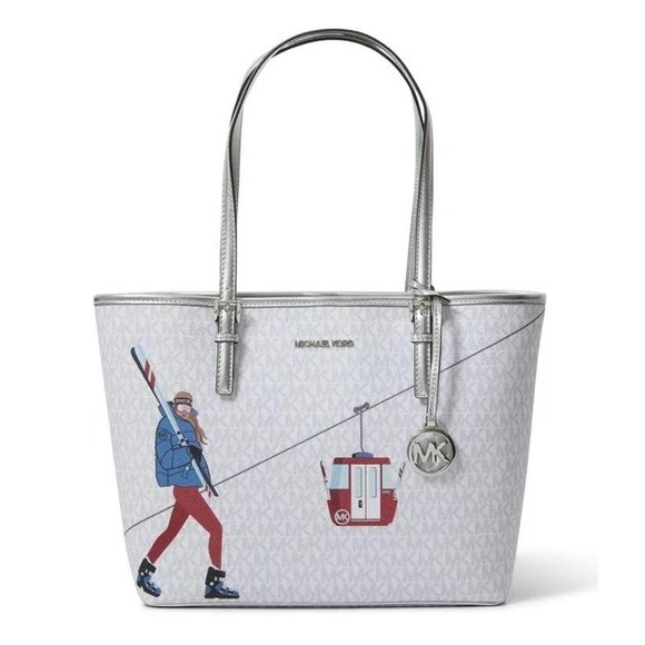 Michael Kors Jet Set Girls Medium Signature Carryall Logo Tote Bag Bright White - Picture 1 of 5